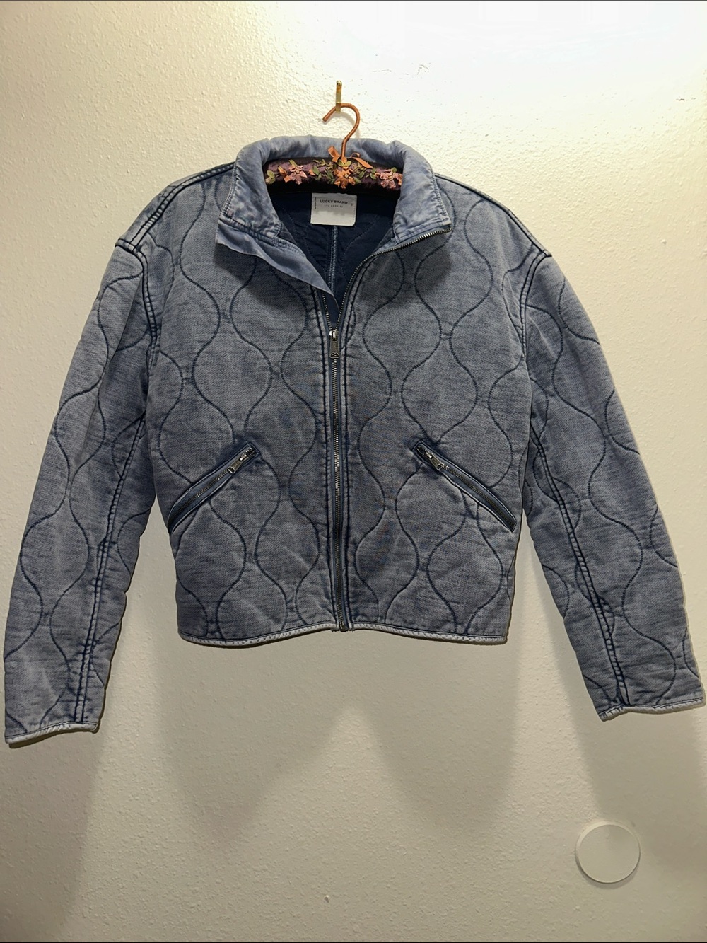 Lucky Brand Light Blue Quilted Denim-Style Zip Jacket